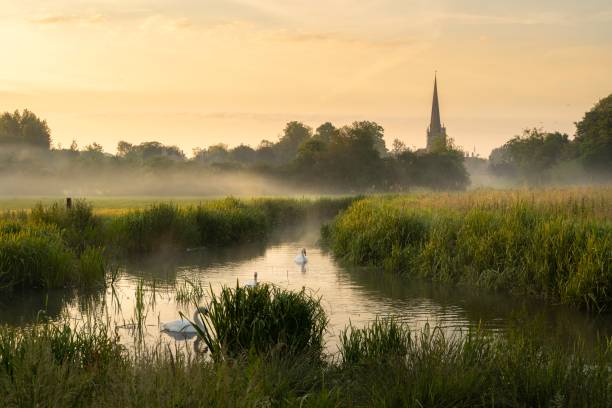 コッツウォルズのバーフォード教会方面の夜明けの眺め - swan bird water fog ストックフォトと画像