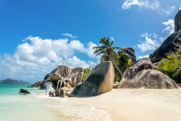 istock Granite rocks and palm trees on the scenic tropical sandy Anse Source d'Argent beach, La Digue island, Seychelles 1765088198
