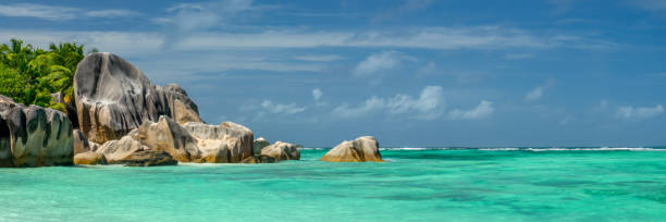 Turquoise water and granite rocks, panorama of  Anse Source d'Argent beach, La Digue island, Seychelles web banner stock photo