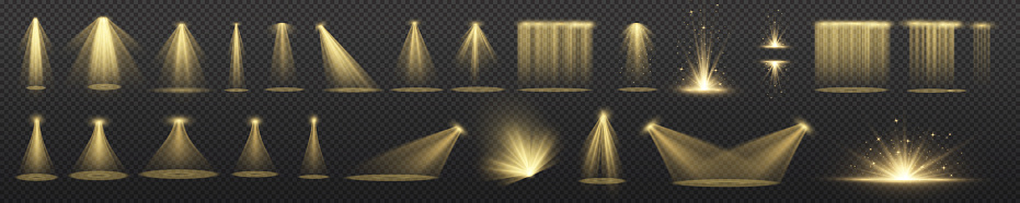 Set of spotlights isolated on transparent background. Vector glowing light effect with golden beams and beams. The light of the star shines from the sun in yellow.