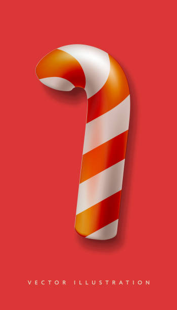 Christmas candy cane isolated on red backdrop. Top view on icon. Mockup for greeting card on Christmas and New Year, vector illustration vector art illustration