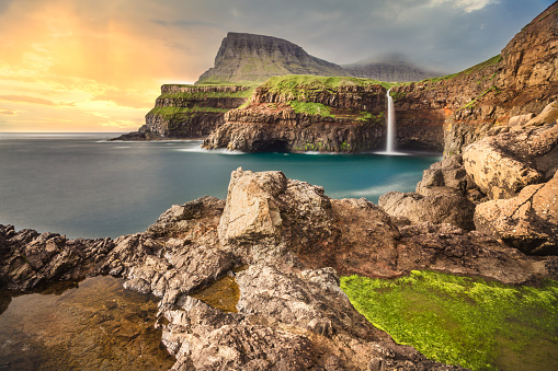 Gasadalur village and Beautiful waterfall, Vagar, Faroe Islands, Denmark.