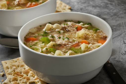 Chicken and Barley, Vegetable Noodle Soup with Onions, Carrots, Celery and Saltine Crackers