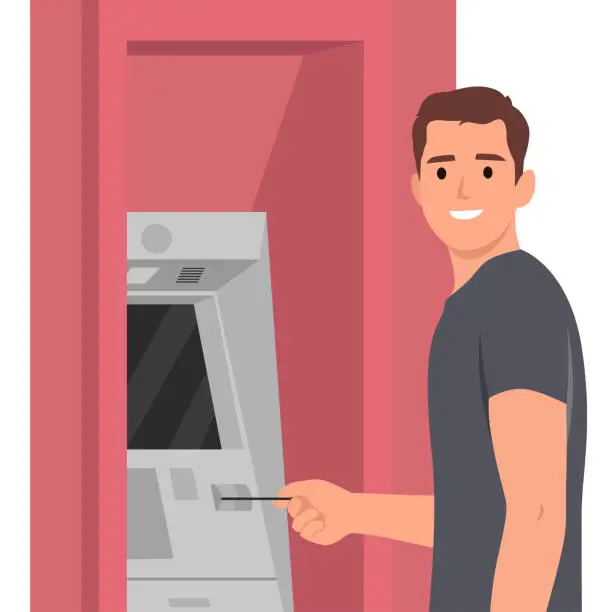 Vector illustration of Withdrawing money on atm concept. Young man standing entering pincode on atm machine for getting money cash.