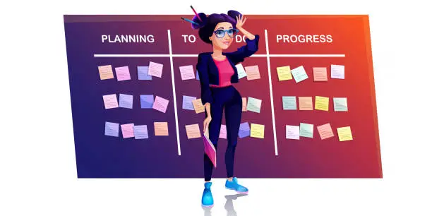 Vector illustration of Planning in cartoon style. Girl student with an information board with multi-colored stickers on a white background.