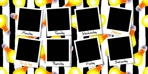 Vector illustration of To-do list in cartoon style. Instant print photos of a weekly to-do list with glowing light bulbs in the background on a striped black and white background. Stylish template with place for text.