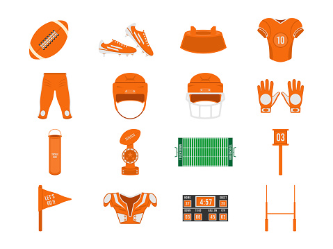 American football equipment illustration flat style, Rugby set bundle collection vector icon