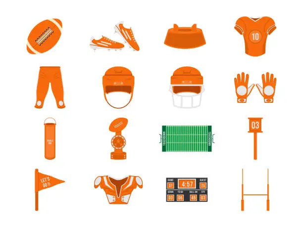Vector illustration of American football equipment illustration flat style, Rugby set bundle collection vector icon