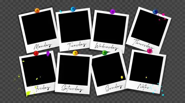 Vector illustration of To-do list in cartoon style. Instant print to-do list photos with colorful buttons on isolated background with splashes. Stylish template with place for text.