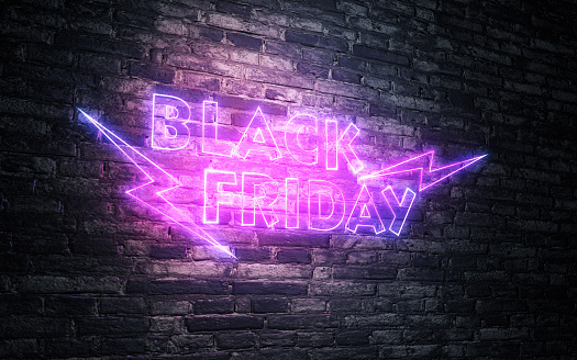 3d render Neon Black Friday Sign with Pink and Blue Fluorescent Lights Hanging on Brick Wall, Big discount, Campaign concept (Close-up)