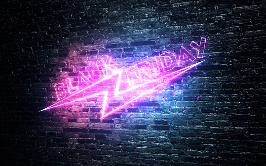3d render Neon Black Friday Sign with Pink and Blue Fluorescent Lights Hanging on Brick Wall, Big discount, Campaign concept (Close-up)