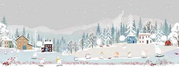 Vector illustration of Winter landscape,Seamless pattern Christmas night cute polar bear family playing ice skate on hills,Vector  seamless Winter wonderland bear celebrating in forest,Merry Christmas,New year background