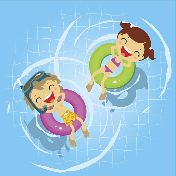 zwei kinder im swimmingpool - tranquil scene joy vacations high angle view stock-grafiken, -clipart, -cartoons und -symbole
