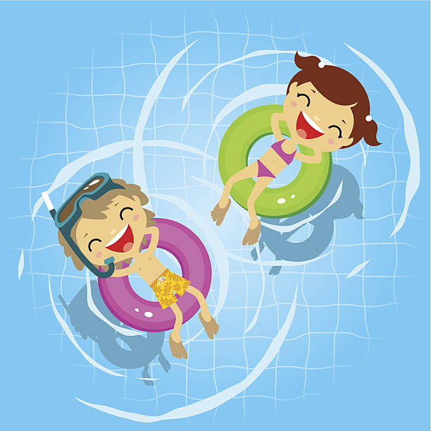 двое детей в плавательный бассейн - water park inflatable ring water swimming pool stock illustrations