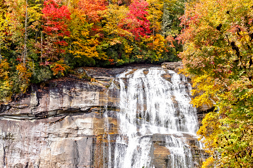 Rainbow Falls in Autumn, a waterfall in Western North Carolina, on the Horsepasture River in Pisgah National Forest.