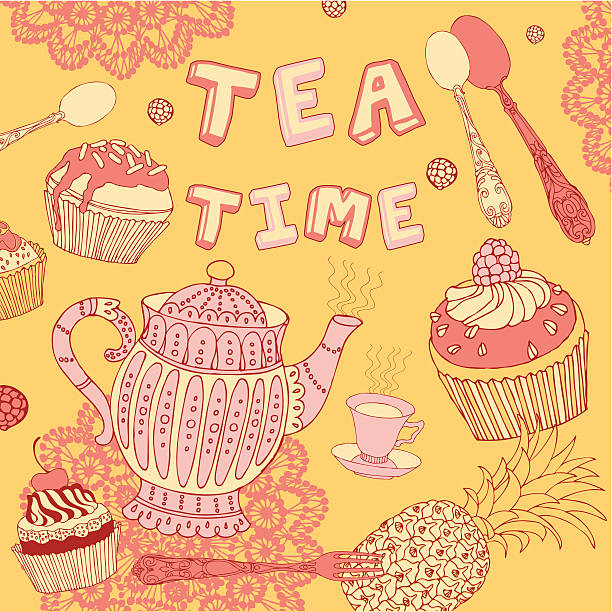 ilustraciones, imágenes clip art, dibujos animados e iconos de stock de fondo con té y dulces. - cake old fashioned gift women