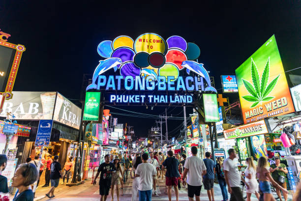 Tourists are walking at Bangla road near patong beach, Bangla Road is Phuket's most important night street stock photo
