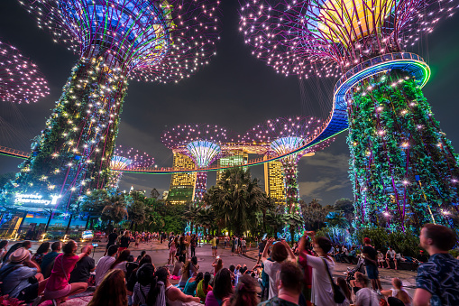 Singapore, Singapore - February 03, 2023: Tourists watching the Garden Rhapsody Light and Sound Show at Gardens By The Bay in Singapore
