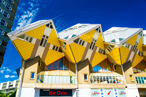 Rotterdam, Netherlands - July 24, 2022:Cube House in downtown Rotterdam, Netherlands on a sunny day.