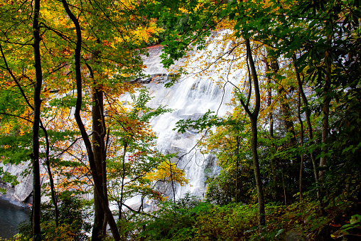 Rainbow Falls in Autumn, a waterfall in Western North Carolina, on the Horsepasture River in Pisgah National Forest.