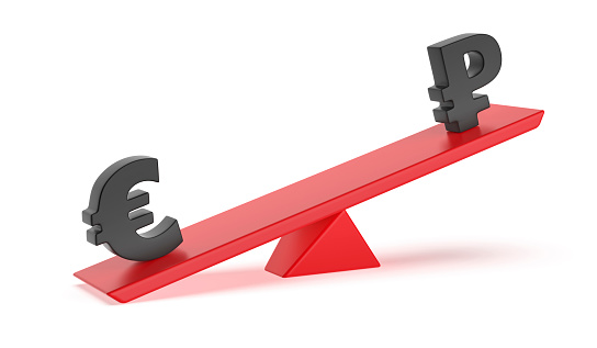 Euro versus Russian ruble on seesaw. Concept image for imbalance between currencies.