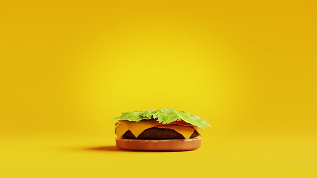 Burger with floating ingredients. 3D animation