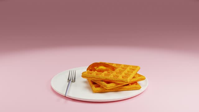 Flying plate of Belgian waffles with whipped cream and caramel sauce. 3d animation