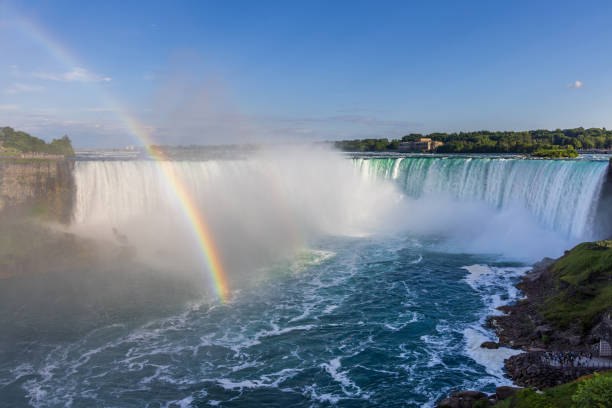 Stock photograph of a double rainbow at Horseshoe Falls in Niagara Falls Ontario Canada on a sunny day.