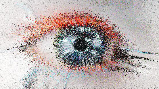 Artificial intelligence representation, an image of an eye made of many small particles
