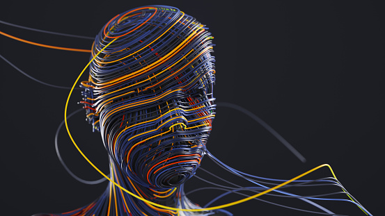 Abstract 3D render of wavy thin wires forming a human face