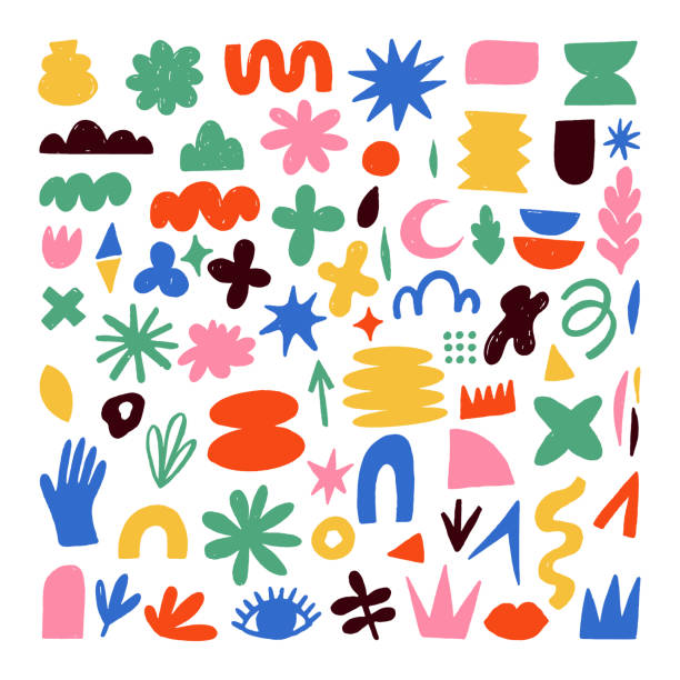 Hand drawn naive, bizarre abstract geometric shapes and forms. Modern contemporary figures, various organic shapes and doodle objects, vector graphic elements Hand drawn naive, bizarre abstract geometric shapes and forms. Modern contemporary figures, various organic shapes and doodle objects and graphic elements. Vector illustrations collection innocence stock illustrations