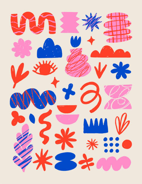 bildbanksillustrationer, clip art samt tecknat material och ikoner med hand drawn naive, bizarre abstract geometric shapes and forms. modern contemporary figures, various organic shapes and doodle objects, vector graphic elements - illustration