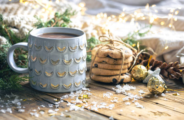 istock Winter composition with a cup of cocoa, cookies and decorative details. 1765221694