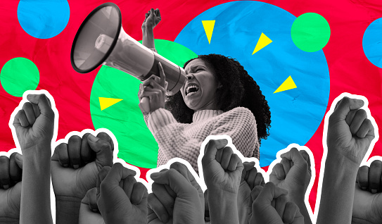 Megaphone, protest and woman voice isolated on studio background for human rights, strong opinion or broadcast. Speech, fist and gen z people for power, call to action and change with digital art