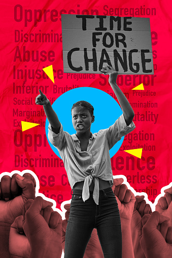 Poster, protest and woman with time for change sign isolated on studio background for human rights, racism or abuse. Speech, power and fist of african people pointing to government on red collage art