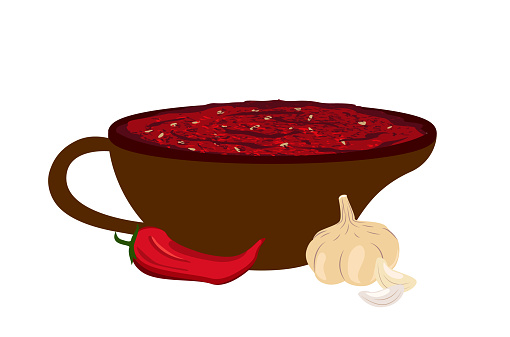 Ajika Georgian and Abkhazian hot, spicy seasoning sauce.Flavored dip, food. Traditional Spicy Georgian Caucasus seasoning madebwith red pepper and garlic.Kartuli Cuisine.Flat Vector Illustration
