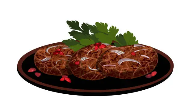 Vector illustration of Apkhazura,georgian kartuli meat dish.Minced meat with spices,pomegranate seeds in a fat mesh,seal.Dish with barberry berries fried on open fire.Food on red clay frying pan,ketsi.Piping hot Abkhazura