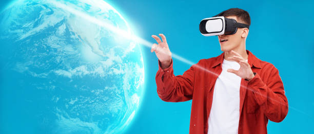 istock Vr, metaverse or man with globe hologram for a global digital connection or network on blue background. Neon world, futuristic technology or person by 3d earth with virtual reality headset software 1765239083