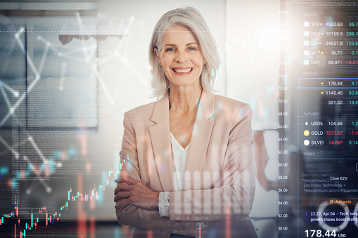 Arms crossed, work and portrait of a woman with overlay for business, finance and investment. Smile, stats and a mature female agency ceo with digital cgi for professional wealth or data in office