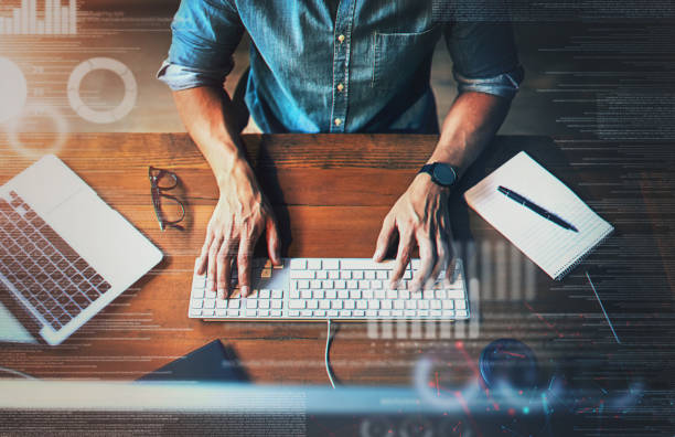 istock Digital hologram, man typing on keyboard with technology and social network connection for online communication. Data analysis or laptop, programming and top view hand of male person write an email 1765239672