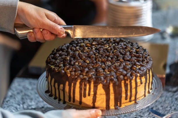 Appetizing homemade chocolate cake in the hands of a woman, close-up.