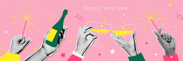 Happy new year retro banner. Halftone Hands holding champagne bottle, glasses and sparkler. Trendy collage mixed media art. Groove vintage Design for poster or greeting card . 90s Vector illustration. Happy new year retro banner. Halftone Hands holding champagne bottle, glasses and sparkler. Trendy collage mixed media art. Groove vintage Design for poster or greeting card . 90s Vector illustration 2024 30 stock illustrations