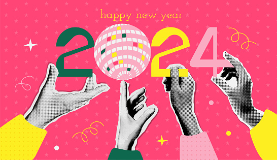 Trendy 2024 New Year banner design in mixed media collage style. Halftone Hands holding numbers and mirror ball. Winter Holiday celebration concept. Vector illustration for poster or greeting card.