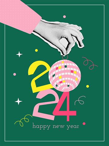 Happy New Year 2024 collage in trendy groovy collage style. Halftone hand holding number 2024 with mirror ball. Retro New Year banner for decoration card, poster, party. Vector illustration