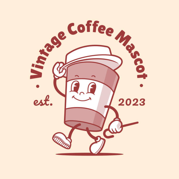 Charming coffee mascot in retro cartoon style, exuding warmth and nostalgia, perfect for a cozy cafe or coffee brand.Vector illustration