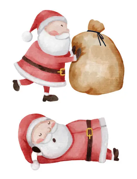 Vector illustration of Santa claus . Christmas theme . Watercolor paint cartoon characters . Isolated . Set 7 of 15 . Vector .