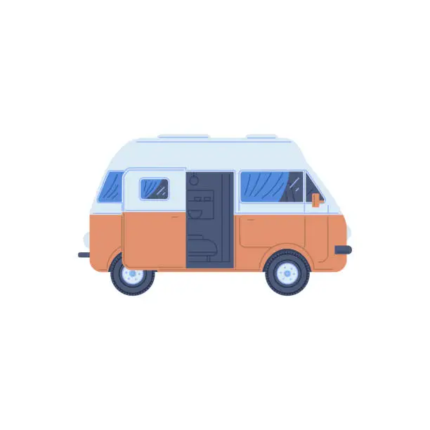 Vector illustration of Mini camper van flat style, vector illustration isolated on white