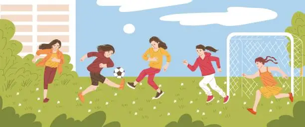Vector illustration of Young girls play football, vector illustration in cartoon flat style