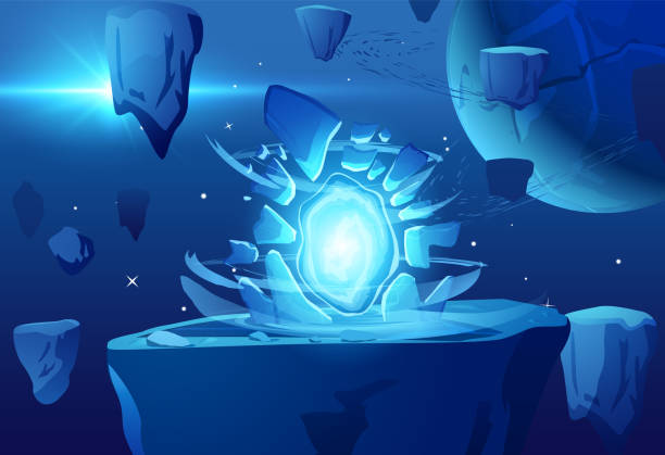 istock Futuristic scene with glowing portal with scattering stones, vortex, mountain and planet. 1765263115