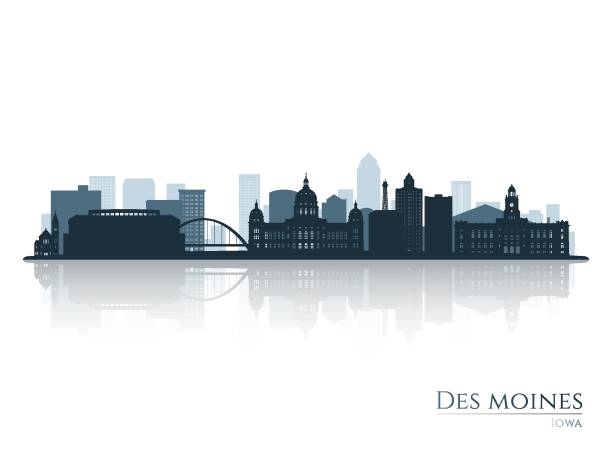 Monks 01-8 (Black) Des Moines skyline silhouette with reflection. Landscape Des Moines, Iowa. Vector illustration. des moines silhouette stock illustrations